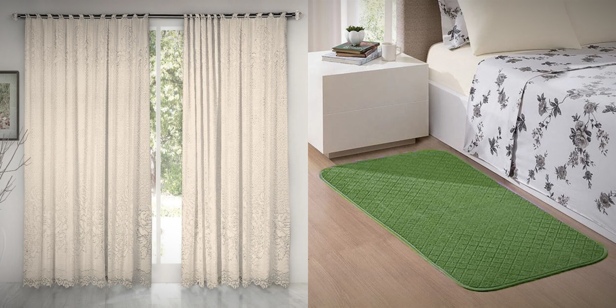 A imagem mostra um exemplo de um tapete e uma cortina para quarto.